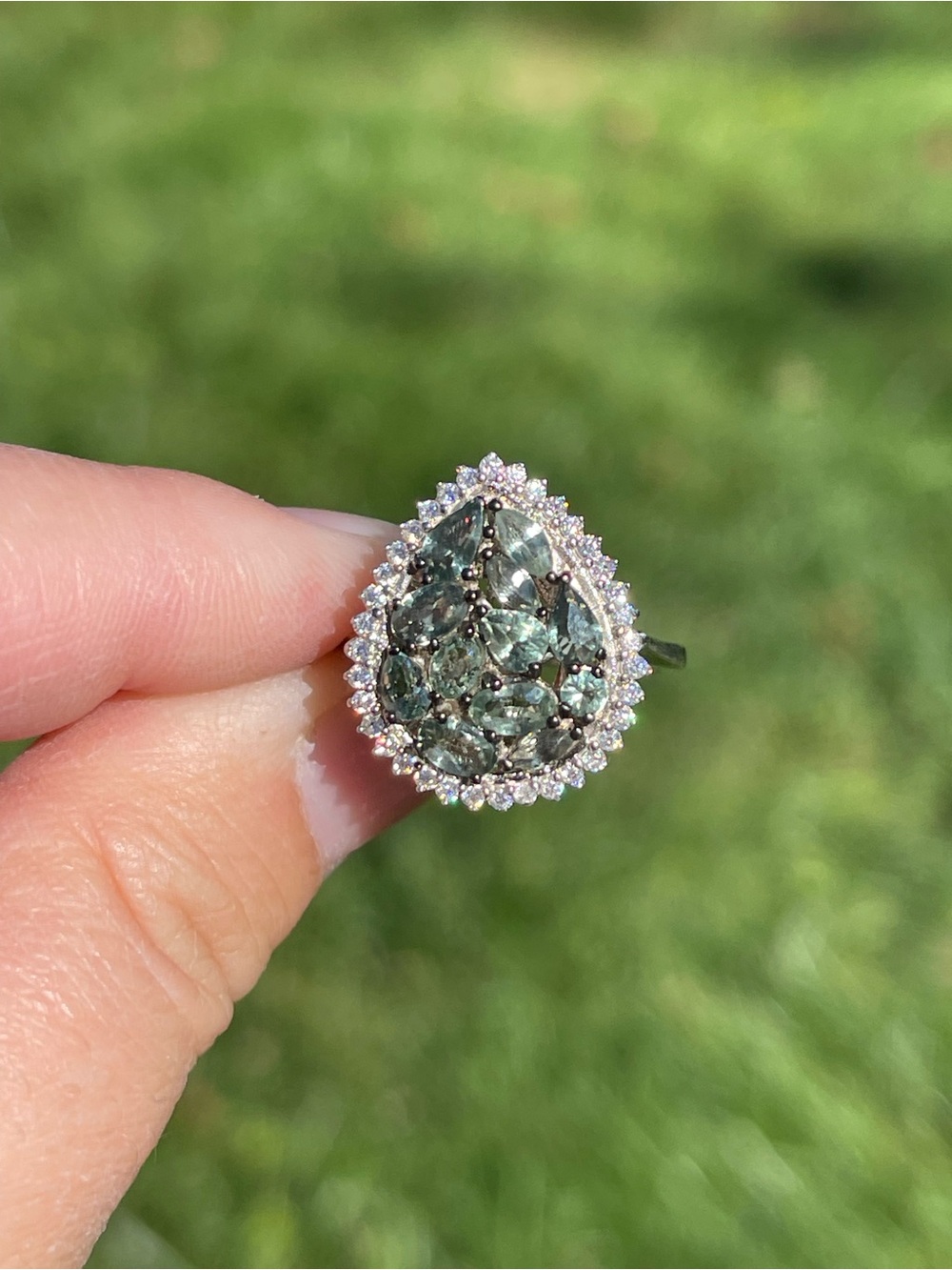 Green Sapphire Cluster and Halo Ring